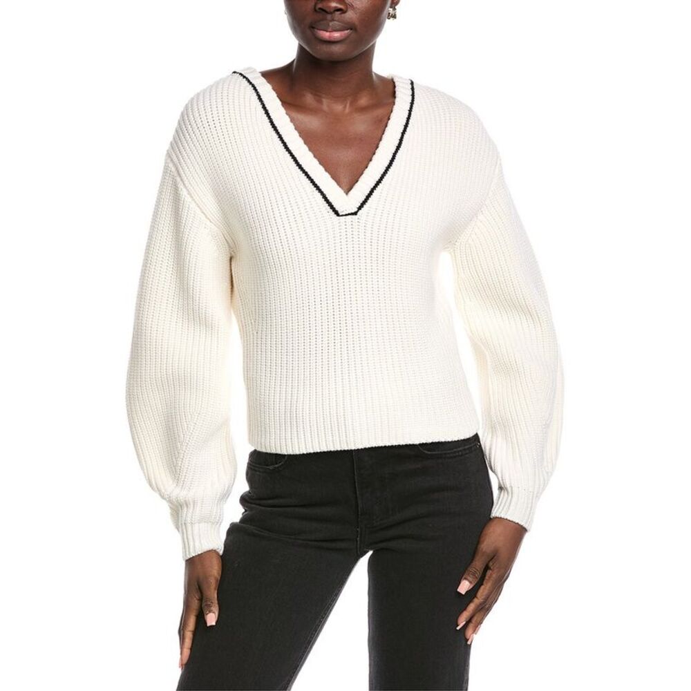 Rebecca Taylor Womens  Novelty Wool Victorian Sleeve V-Neck Sweater, White